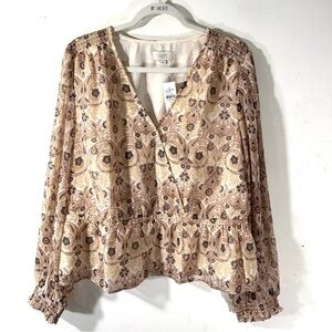 Loft Cream and Brown Floral Surplice Top NWT